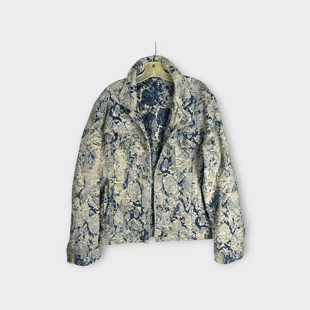 Yasuyuan Denim Trucker Jacket Sz M Marbled Ivory Blue Snap Button
